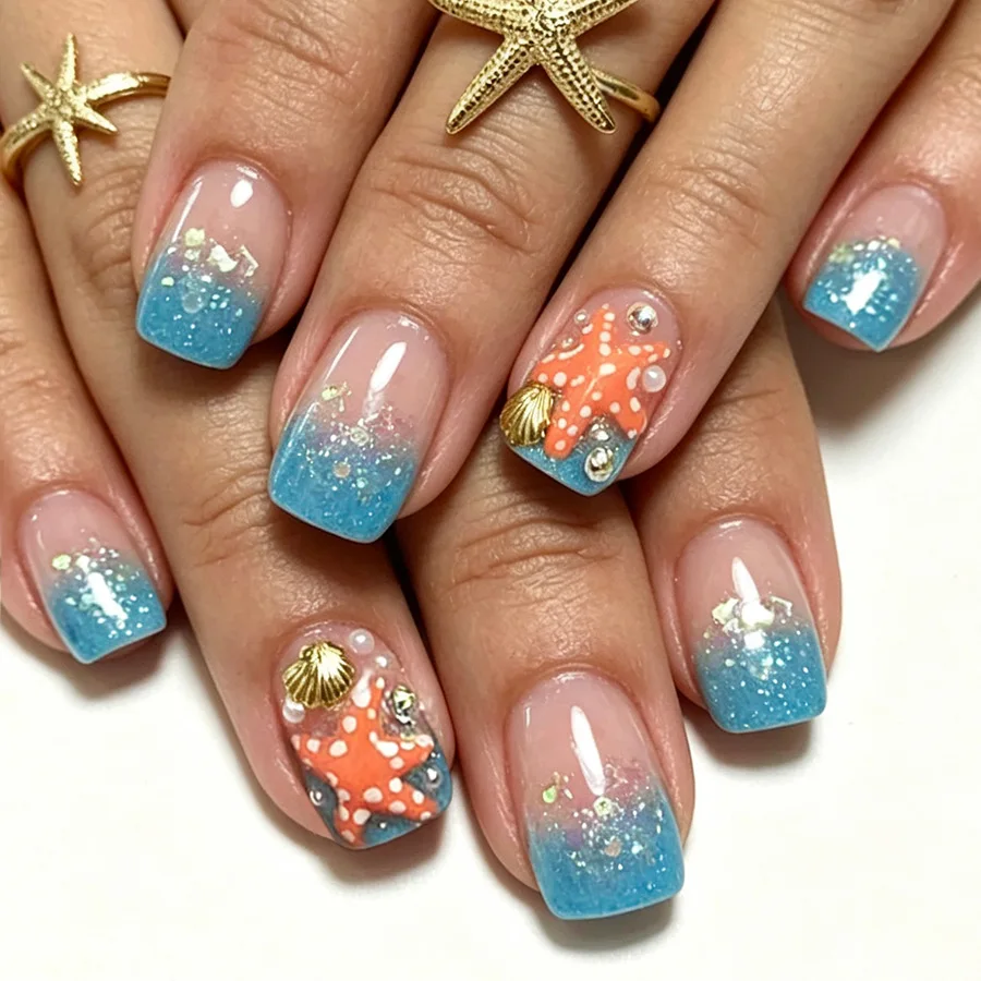 24Pcs Gradient Blue French Shiny Powder Nails Set Press on Starfish Shell Pearl False Nails Rhinestone Wearable False Nails Tips
24Pcs Gradient Blue French Shiny Powder Nails Set Press on Starfish Shell Pearl False Nails Rhinestone Wearable False Nails Tips