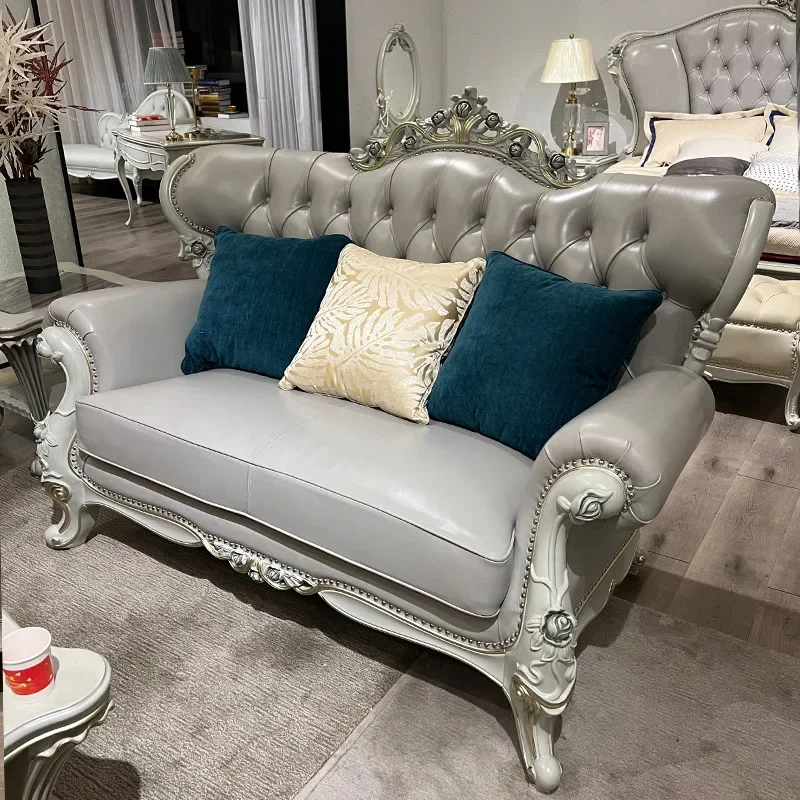European solid wood leather French small apartment living room high-end luxury European and American leather sofa
European solid wood leather French small apartment living room high-end luxury European and American leather sofa