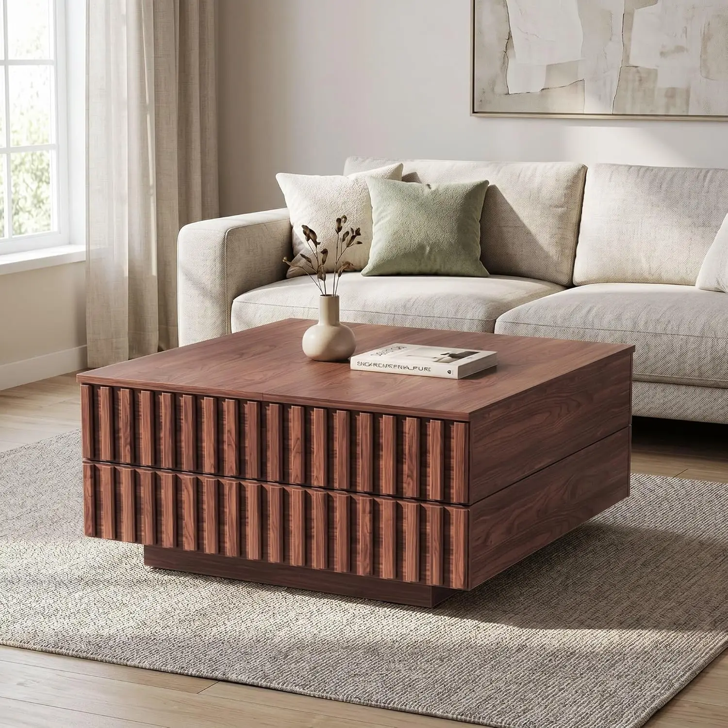 32" Square Coffee Table, Mid Century Modern Coffee Table with Storage, Fluted Wood Center Table, Expandable Center Table for Liv
32" Square Coffee Table, Mid Century Modern Coffee Table with Storage, Fluted Wood Center Table, Expandable Center Table for Liv