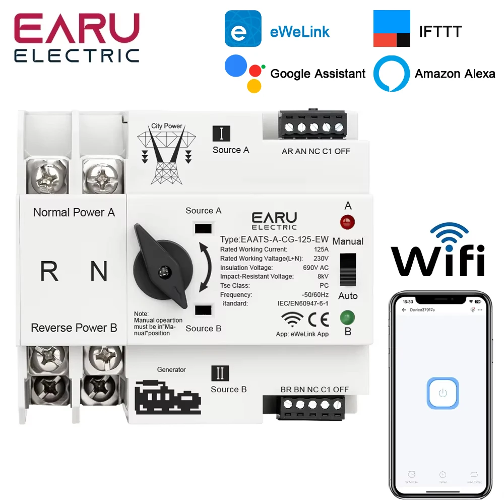 eWeLink Wi-Fi умный пульт дистанционного управления 2P 125A AC 230 В ATS двойной мощности автоматическая передача электрический селекторный переключатель бесперебойный
eWeLink Wi-Fi умный пульт дистанционного управления 2P 125A AC 230 В ATS двойной мощности автоматическая передача электрический селекторный переключатель бесперебойный