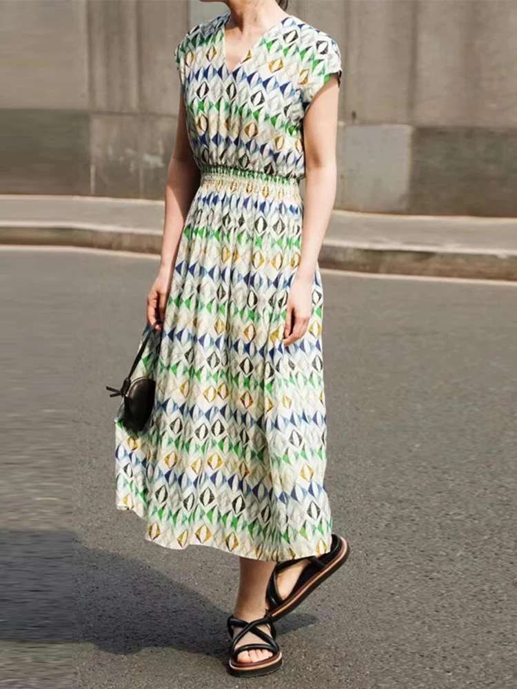Geometric Printing Sleeveless Vest Dress Temperament Elegant Cotton Silk Blend V-Neck Long Women's Dresses 2024 Summer New
Geometric Printing Sleeveless Vest Dress Temperament Elegant Cotton Silk Blend V-Neck Long Women's Dresses 2024 Summer New