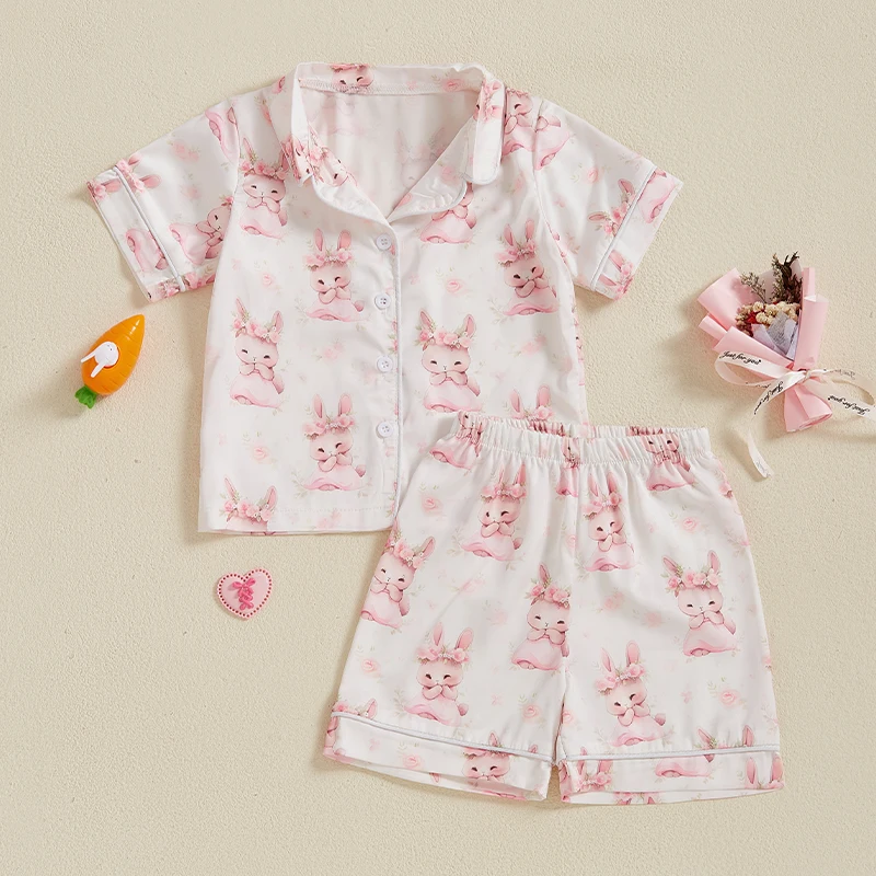 Kids Easter Satin Pajamas Set with Bunny Print Short Sleeve Lapel Button Down Tops and Shorts Sleepwear for Boys and Girls
Kids Easter Satin Pajamas Set with Bunny Print Short Sleeve Lapel Button Down Tops and Shorts Sleepwear for Boys and Girls