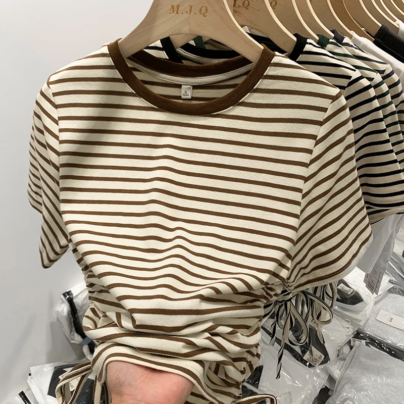 Skinny Drawstring Pleated Short T-shirt Women Fashion Slim Lace Up Striped Vintage Tees Tops Korean Style Short Sleeve Tshirt
Skinny Drawstring Pleated Short T-shirt Women Fashion Slim Lace Up Striped Vintage Tees Tops Korean Style Short Sleeve Tshirt