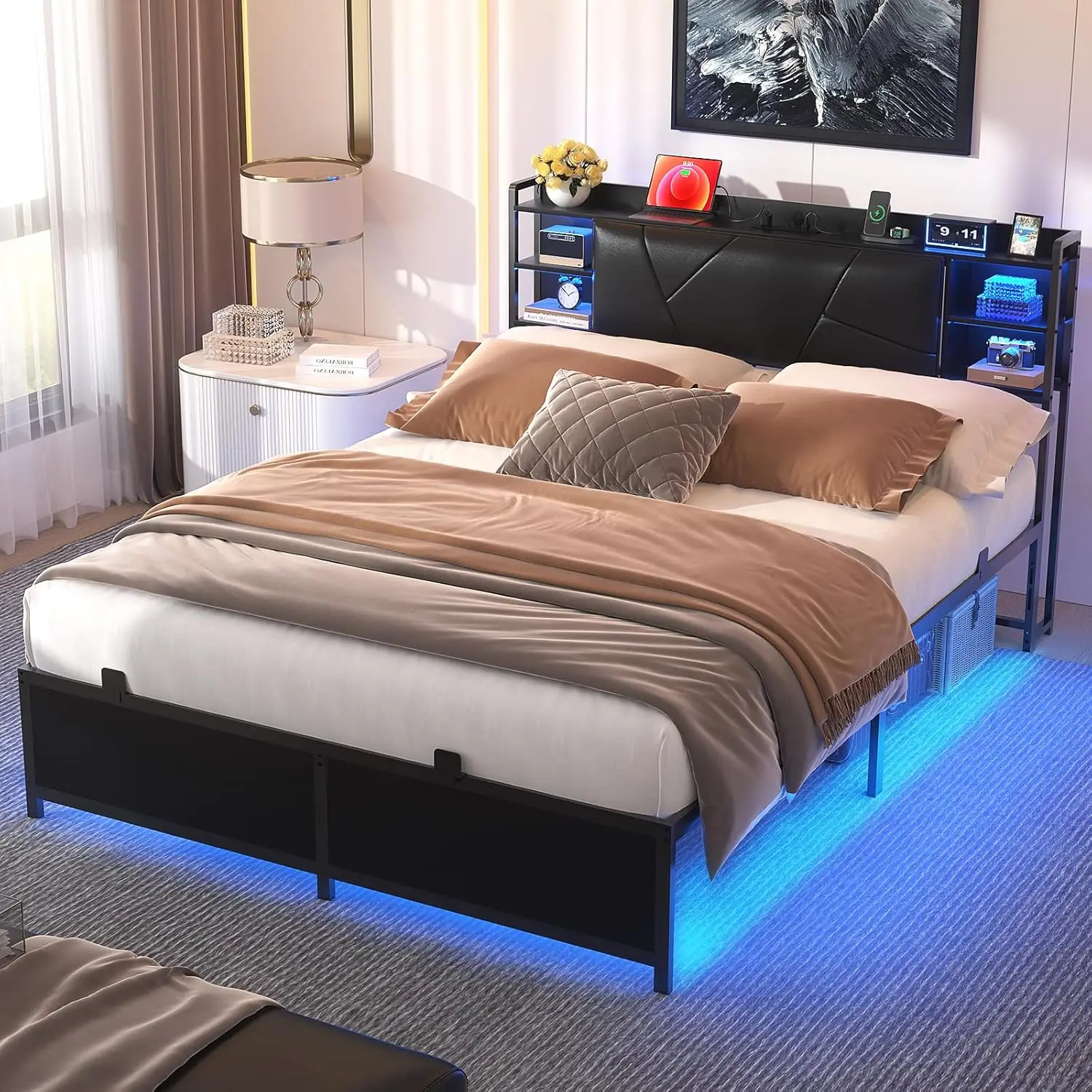Queen Size Bed Frame with Charging Station and RGB LED Lights, Sturdy Platform Bed with Upholstered Storage Headboard
Queen Size Bed Frame with Charging Station and RGB LED Lights, Sturdy Platform Bed with Upholstered Storage Headboard