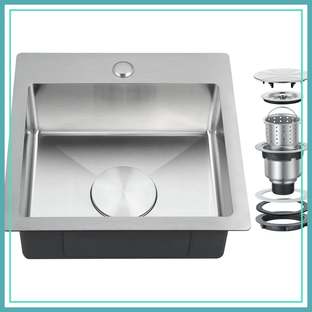 15x15 Inch Drop In Bar Sink, Small Stainless Steel Topmount Single Bowl for RV, Wet Bar, Outdoor, 18 Gauge
15x15 Inch Drop In Bar Sink, Small Stainless Steel Topmount Single Bowl for RV, Wet Bar, Outdoor, 18 Gauge