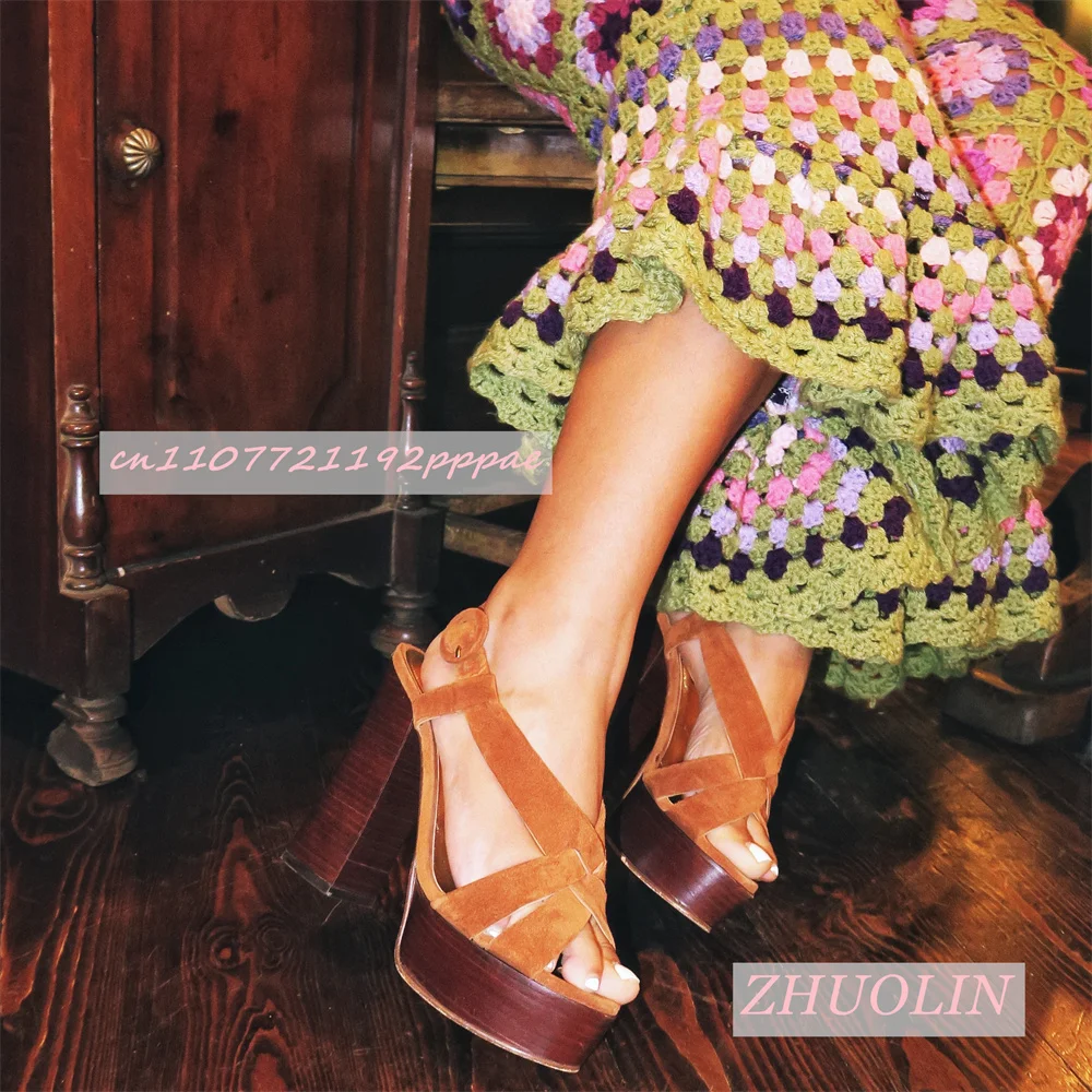 Women Brown Suede Cross Strap Platform Sandals Open Toe Wooden Block Heel Retro Boho Summer Casual Footwear Zapatos Mujer
Women Brown Suede Cross Strap Platform Sandals Open Toe Wooden Block Heel Retro Boho Summer Casual Footwear Zapatos Mujer