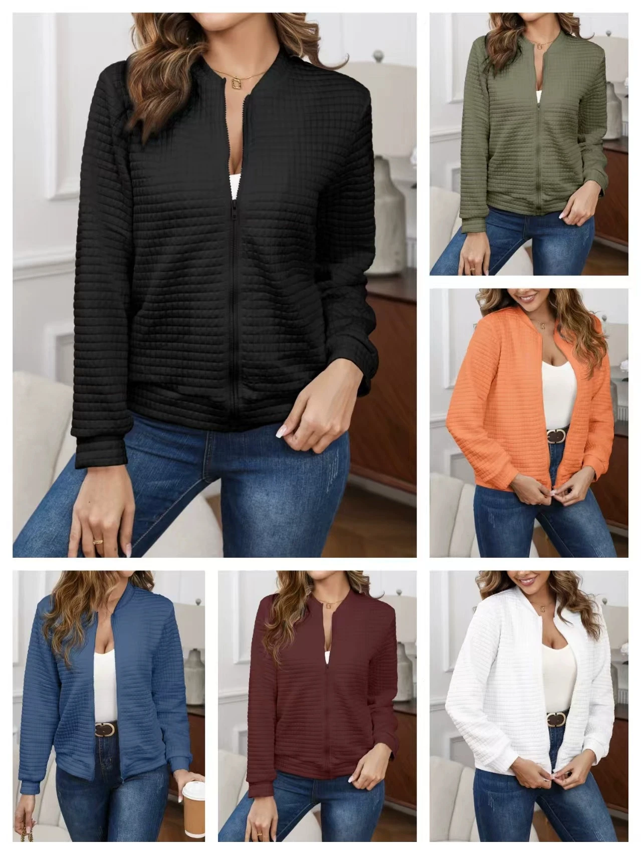 Fashionable solid color casual Korean style square patchwork zipper jacket
Fashionable solid color casual Korean style square patchwork zipper jacket