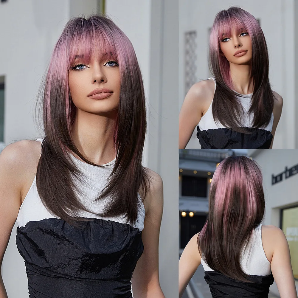 New full head cosplay punk style pink gradual change dark brown cosplay Qi bangs long straight hair, wig
New full head cosplay punk style pink gradual change dark brown cosplay Qi bangs long straight hair, wig