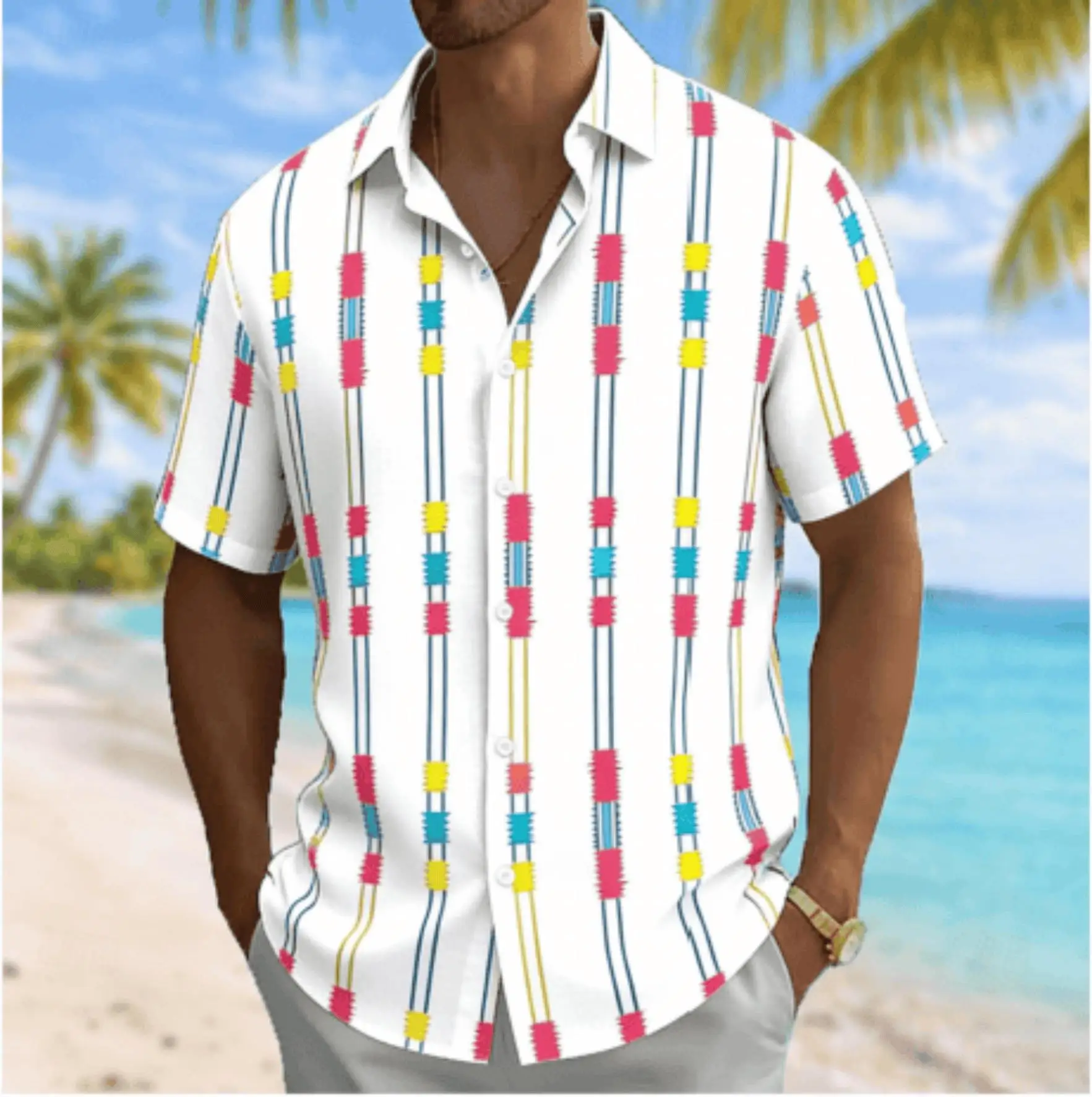 Men's Color Block Geometric Vertical Stripe Print Short Sleeve Shirt, Summer Casual Turn-Down Collar Blouse, Loose Fit Top
Men's Color Block Geometric Vertical Stripe Print Short Sleeve Shirt, Summer Casual Turn-Down Collar Blouse, Loose Fit Top