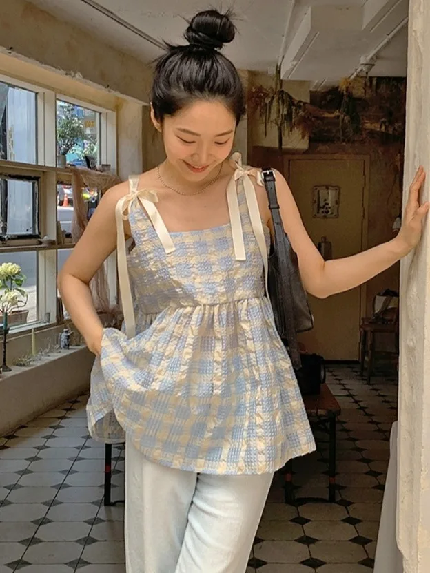 Korean Style Sweet Anti-Aging Strap Women Summer Outerwear Fashion Bubble Plaid Bow Knot Tie Loose Versatile Top
Korean Style Sweet Anti-Aging Strap Women Summer Outerwear Fashion Bubble Plaid Bow Knot Tie Loose Versatile Top