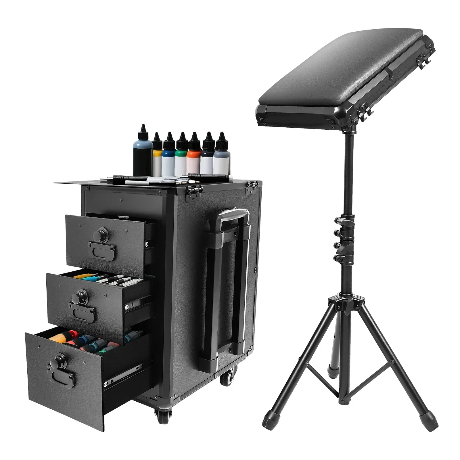 Cosmetic Suitcase w/Armrest Stand, Tattoo Case with 3 Drawers, Combination Lock and Workbench, Tattoo Table, Hairdressing Case
Cosmetic Suitcase w/Armrest Stand, Tattoo Case with 3 Drawers, Combination Lock and Workbench, Tattoo Table, Hairdressing Case