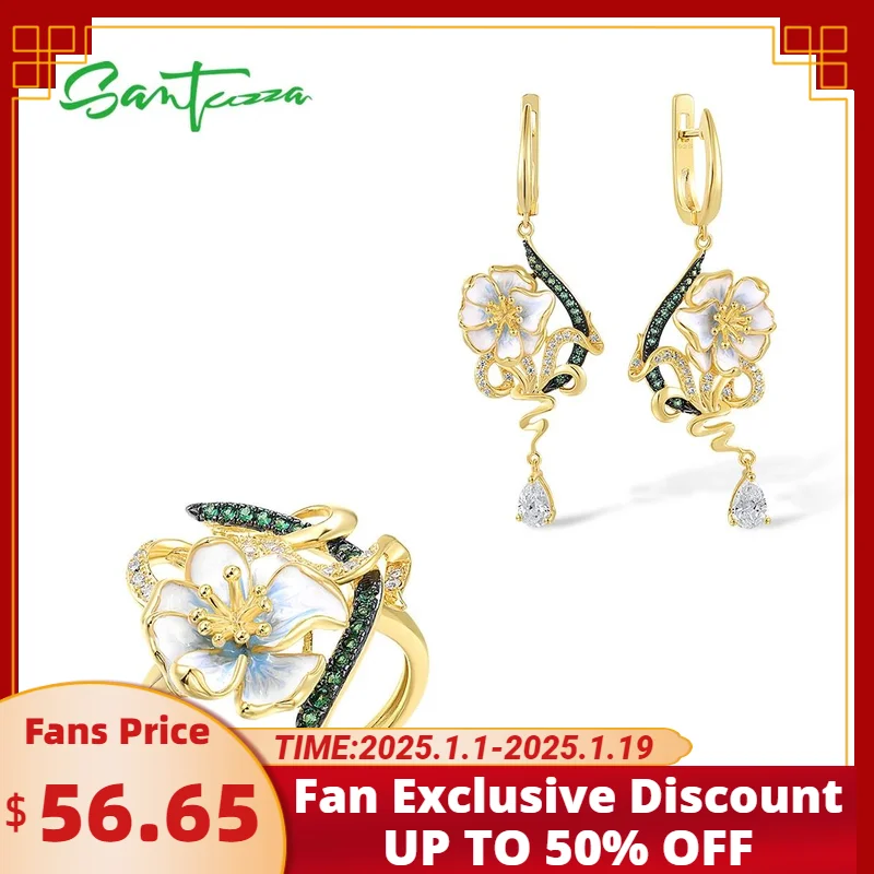 SANTUZZA 925 Sterling Silver Jewelry Set For Women Green Spinel White CZ Enamel Flower Earrings Ring Set Fine Jewelry Handmade
SANTUZZA 925 Sterling Silver Jewelry Set For Women Green Spinel White CZ Enamel Flower Earrings Ring Set Fine Jewelry Handmade