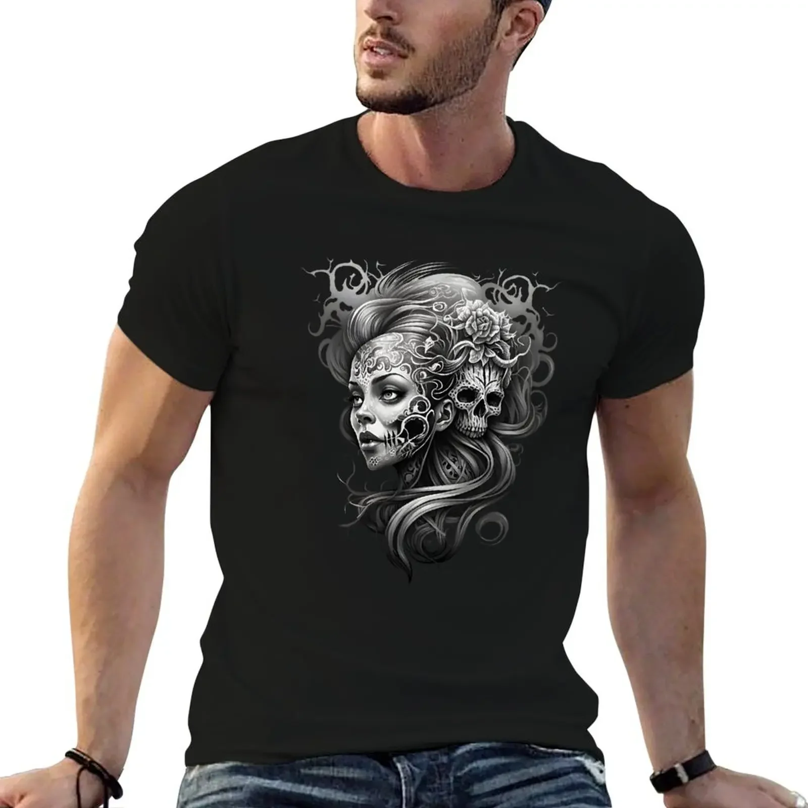 Day of the dead inspired tattoo design of a young lady with a scull and flower in her hair T-Shirt
Day of the dead inspired tattoo design of a young lady with a scull and flower in her hair T-Shirt