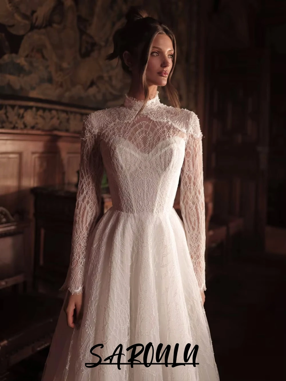 Delicate Fully Lace High Neck Modest Wedding Dress Elegant A Line Princess Bride Wear Customized Long Plus Size Bridal Gown 
Delicate Fully Lace High Neck Modest Wedding Dress Elegant A Line Princess Bride Wear Customized Long Plus Size Bridal Gown