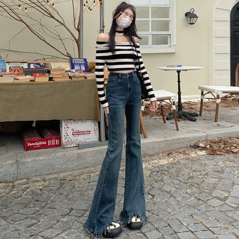 High Stree Vintage Jeans Streetwear Women New Y2k Slim Slight Strech All Season Blue Empire Tassel Flare Pants
High Stree Vintage Jeans Streetwear Women New Y2k Slim Slight Strech All Season Blue Empire Tassel Flare Pants