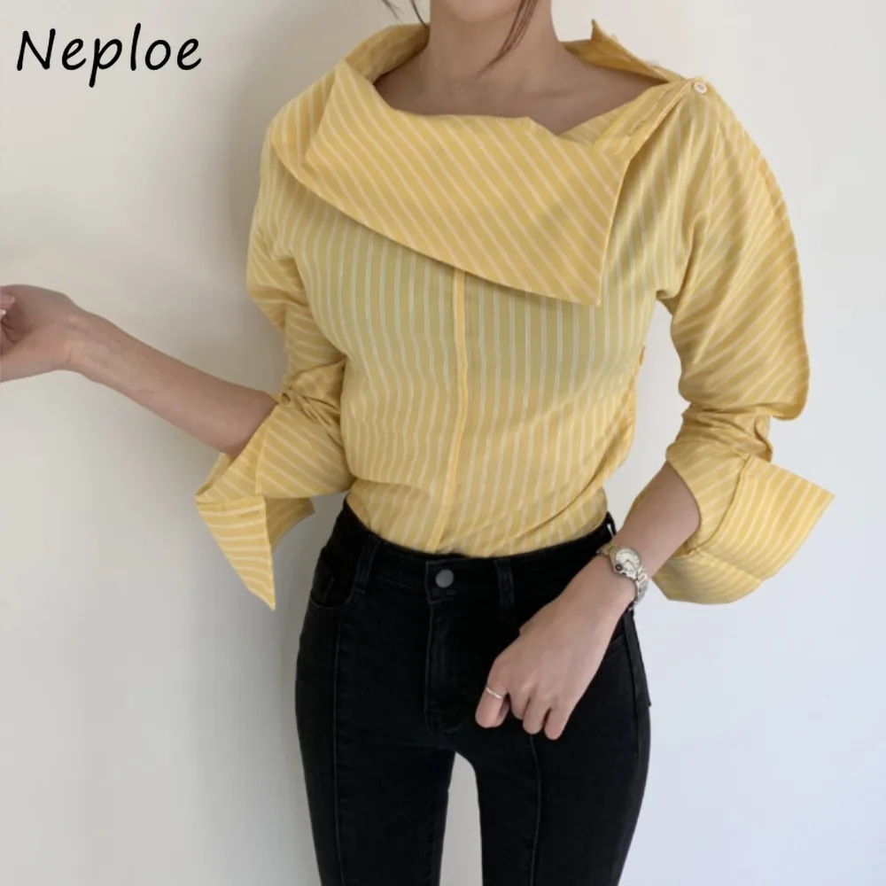 Neploe Pullover Casual Skew Collar Stripe Crop Tops Korea New Irregular Senior All-match Shirts Women Commuter Two Outfits Mujer
Neploe Pullover Casual Skew Collar Stripe Crop Tops Korea New Irregular Senior All-match Shirts Women Commuter Two Outfits Mujer
