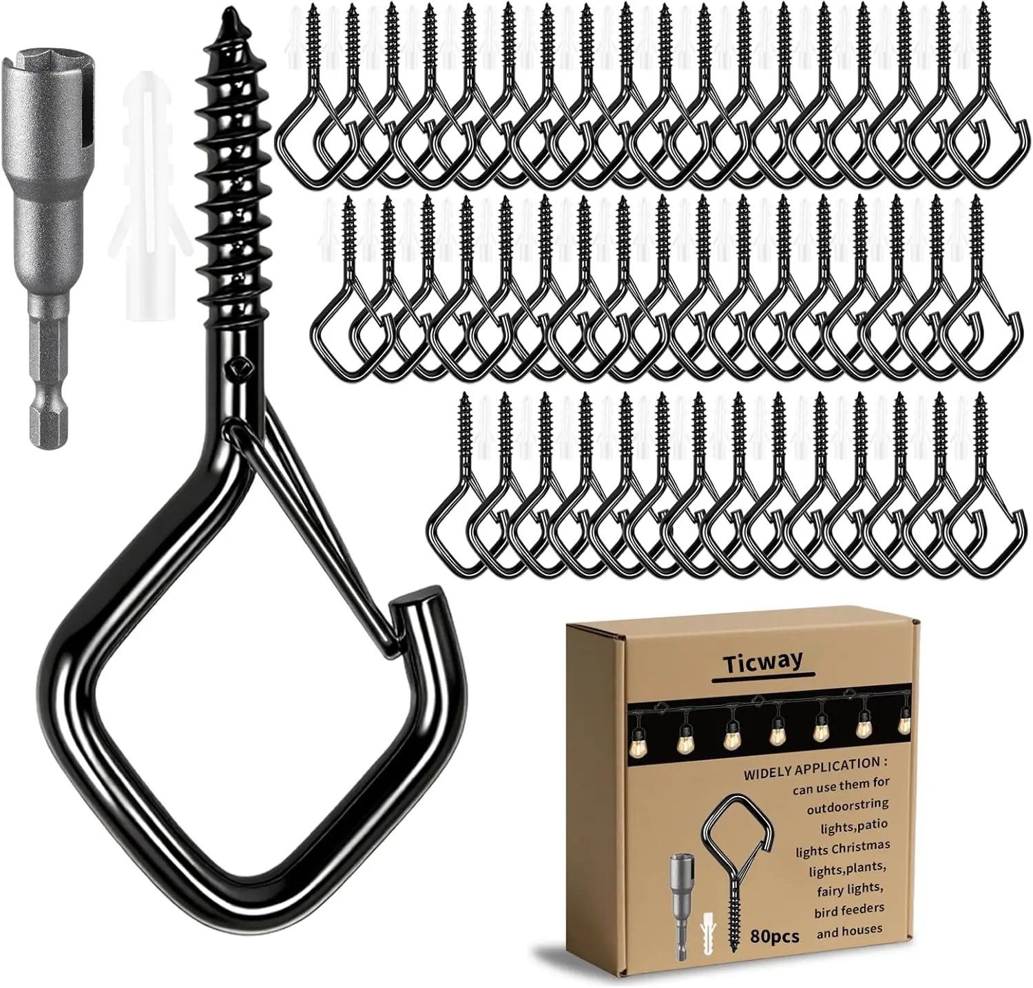 80 Pcs Black Outdoor Hooks for String Lights, Plants, Wind Chimes, Bird Feeders & Lanterns with Safety Buckle
80 Pcs Black Outdoor Hooks for String Lights, Plants, Wind Chimes, Bird Feeders & Lanterns with Safety Buckle