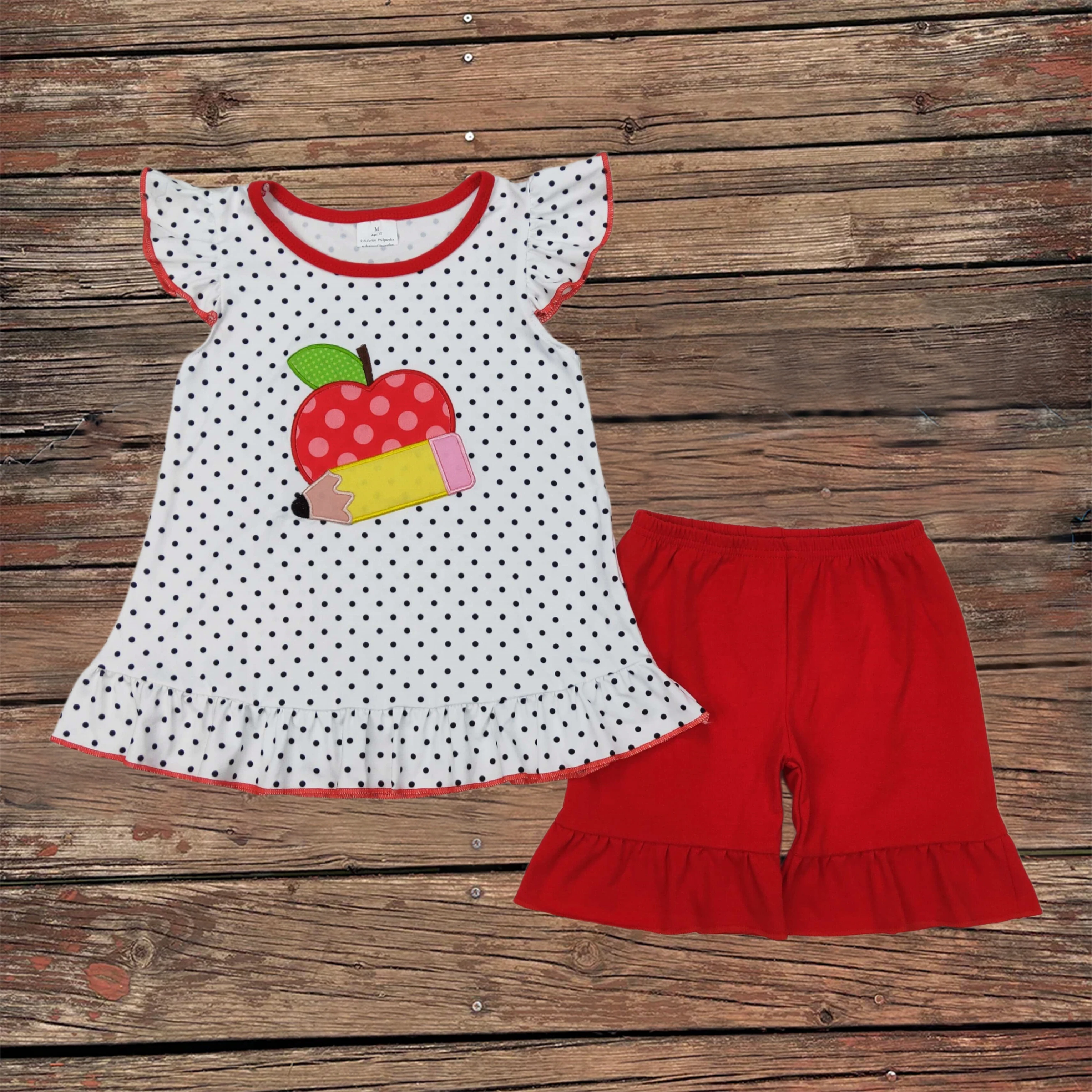 Wholesale Children Back to School Toddler Kids Set Baby Girl Short Sleeves Embroidery Apple Pencil Tunic Red Shorts Outfits
Wholesale Children Back to School Toddler Kids Set Baby Girl Short Sleeves Embroidery Apple Pencil Tunic Red Shorts Outfits