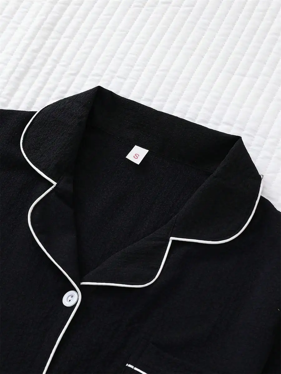 Women Summer Short Sleeve Button Top With Contrast Trim Turn-Down Collar Sleepwear Set
Women Summer Short Sleeve Button Top With Contrast Trim Turn-Down Collar Sleepwear Set