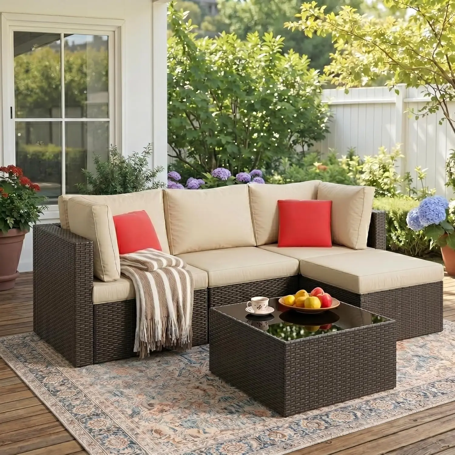 5 Piece Patio Furniture Sets, Outdoor Patio Set Sectional Sofa, All-Weather PE Rattan Outdoor Couch with Ottoman, Glass Table fo
5 Piece Patio Furniture Sets, Outdoor Patio Set Sectional Sofa, All-Weather PE Rattan Outdoor Couch with Ottoman, Glass Table fo