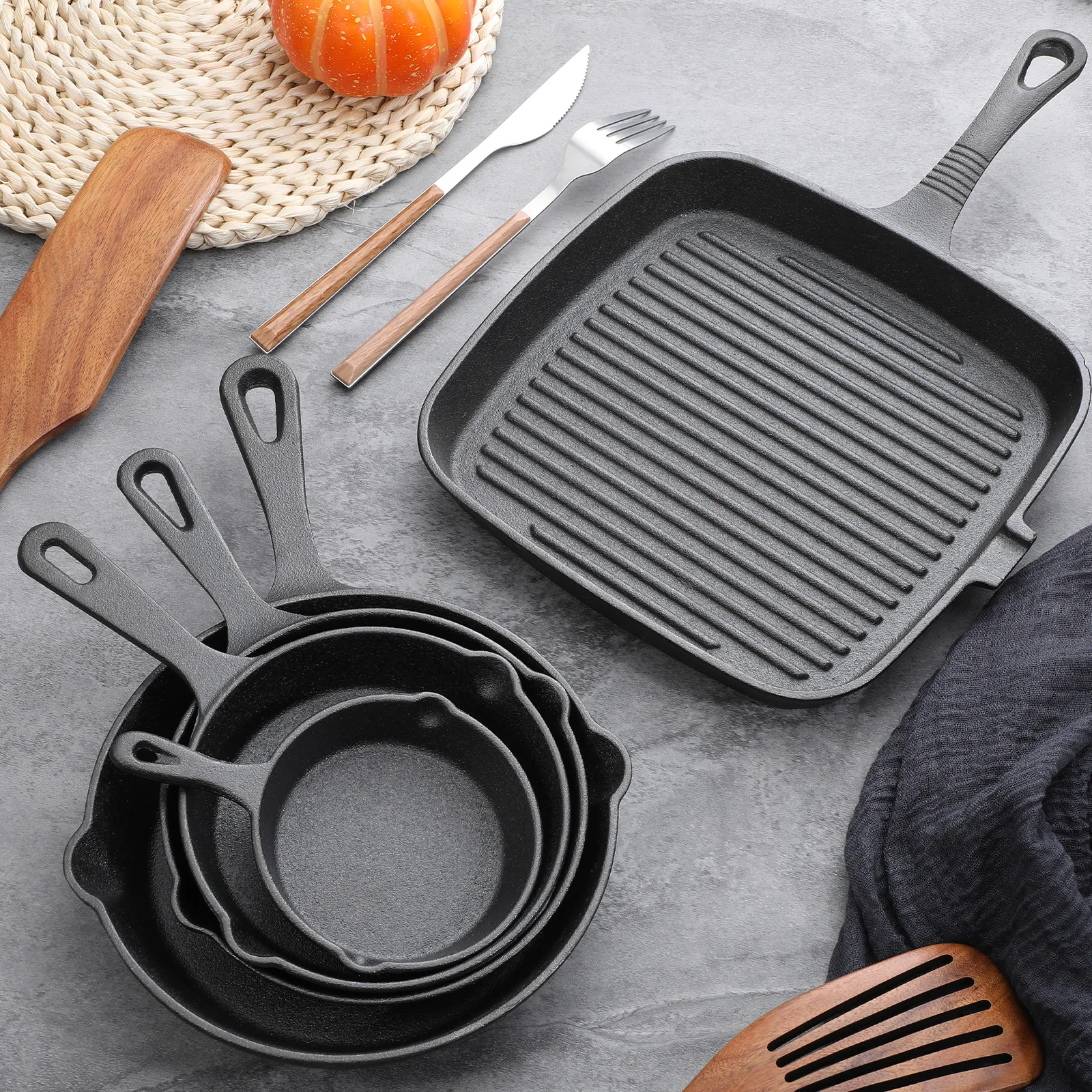 Professional Steak Fry Pan Set, 5pcs with Multi-Size Cast Iron Pans, 3.93-9.44 Inch, Heat Proof Glove Wood Spatula Oil Brush Meat Tongs, for Home And Commercial Use,, Cast Iron Cookware
Professional Steak Fry Pan Set, 5pcs with Multi-Size Cast Iron Pans, 3.93-9.44 Inch, Heat Proof Glove Wood Spatula Oil Brush Meat Tongs, for Home And Commercial Use,, Cast Iron Cookware