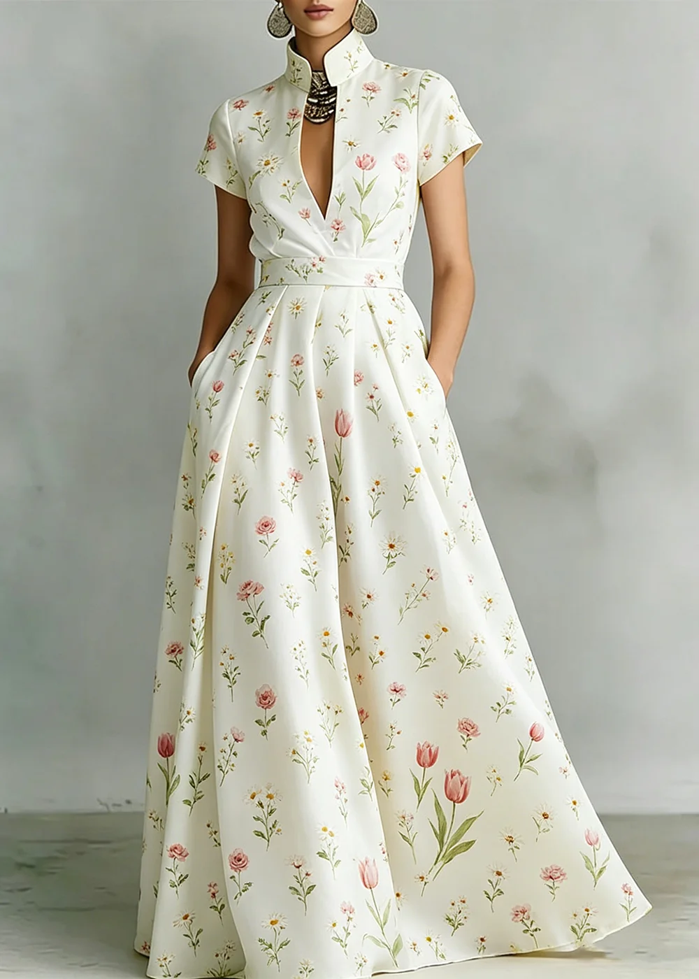 Women's Elegant Maxi Dress Stand Collar Tulip Ditsy Floral Print Short Sleeve Side Pocket Slim Summer Fashion Everyday Outfit
Women's Elegant Maxi Dress Stand Collar Tulip Ditsy Floral Print Short Sleeve Side Pocket Slim Summer Fashion Everyday Outfit