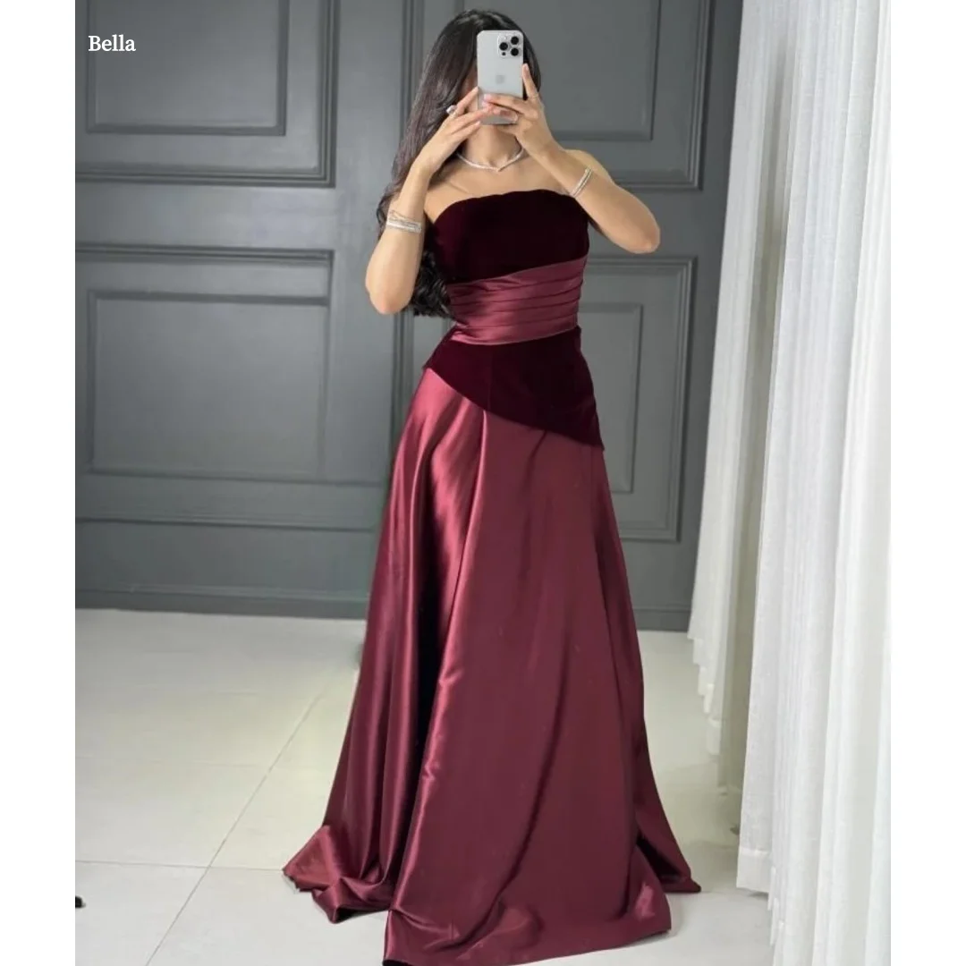 Bella Customized Burgundy Strapless Prom Dress Velvet-Satin Panel Ruched Waist Floor-Length Gown robes de soirée Party Dresses
Bella Customized Burgundy Strapless Prom Dress Velvet-Satin Panel Ruched Waist Floor-Length Gown robes de soirée Party Dresses