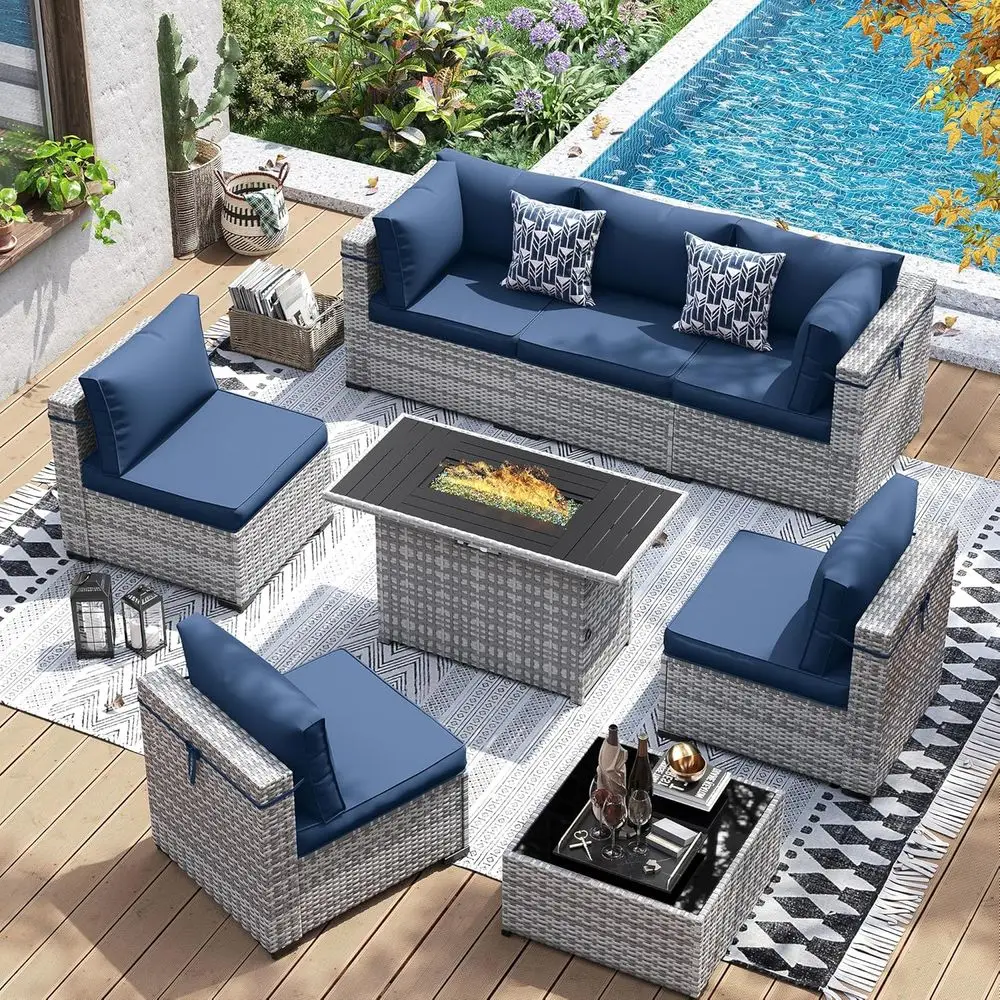 44 Fire Pit Outdoor Sectional Furniture Set with 8 Pieces, Blue Cushions on Grey Rattan Sofa for Backyard Patio
44 Fire Pit Outdoor Sectional Furniture Set with 8 Pieces, Blue Cushions on Grey Rattan Sofa for Backyard Patio
