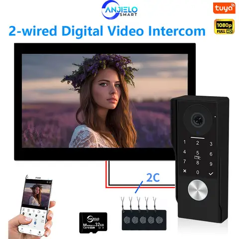 ANJIELO-timbre de vídeo de Metal de 2 cables con tarjeta IC TUYA, desbloqueo de PIN, 24 cámaras IP, compatible con sistema de videoportero inteligente para el hogar, 1080P