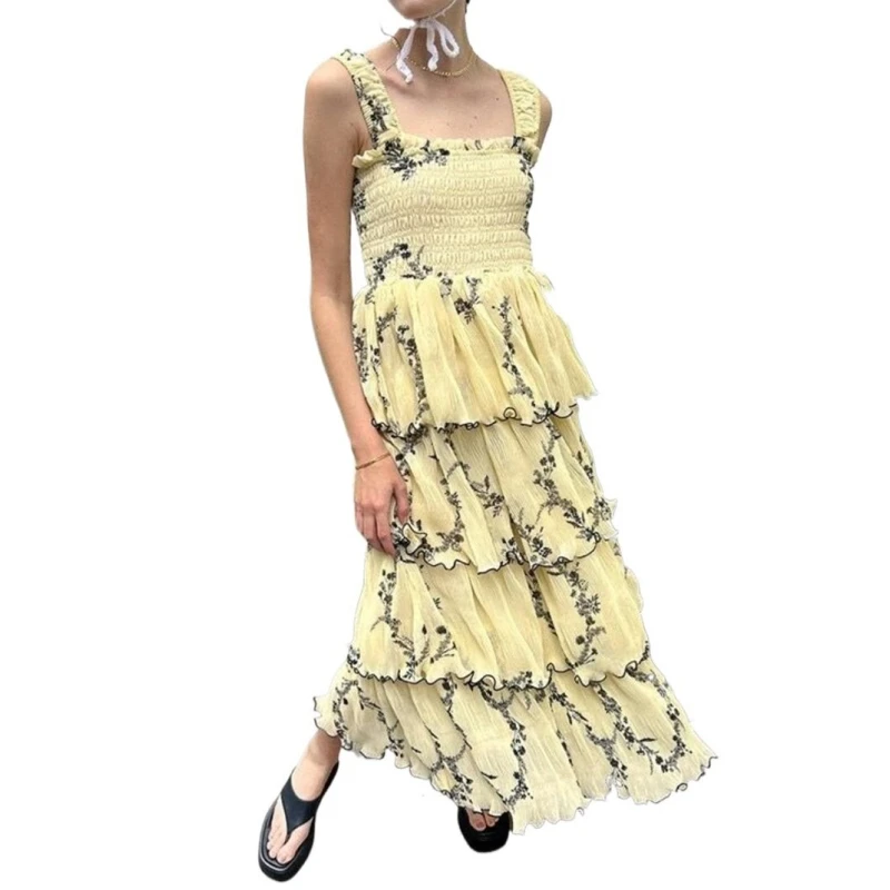 Summer Chiffon Spaghetti Strap Dress Women Yellow Tierred Ruffles Stylish Long Dress Print Elegant Office Ladies Dress Vestidos
Summer Chiffon Spaghetti Strap Dress Women Yellow Tierred Ruffles Stylish Long Dress Print Elegant Office Ladies Dress Vestidos