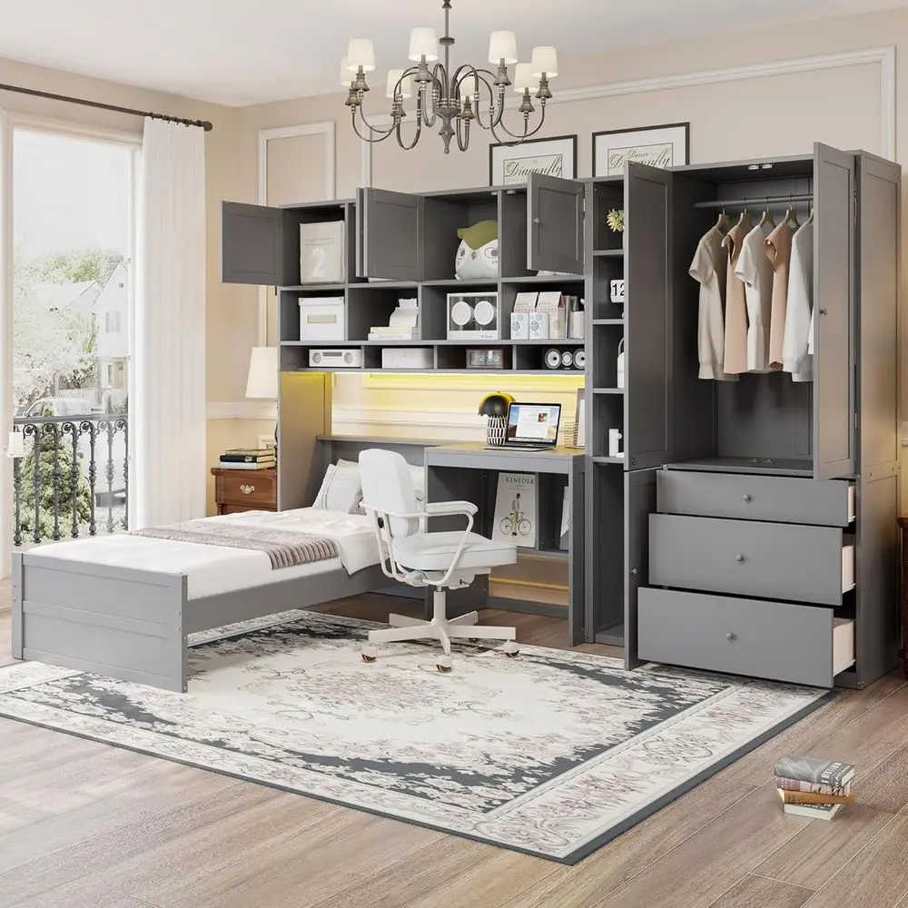 SOTSEA Twin Size Platorm Bed with Desk, Storage Ders, Cabinet & Wardrobe, All-in-One Wood Platorm Bed e with Storage & LED Light
SOTSEA Twin Size Platorm Bed with Desk, Storage Ders, Cabinet & Wardrobe, All-in-One Wood Platorm Bed e with Storage & LED Light