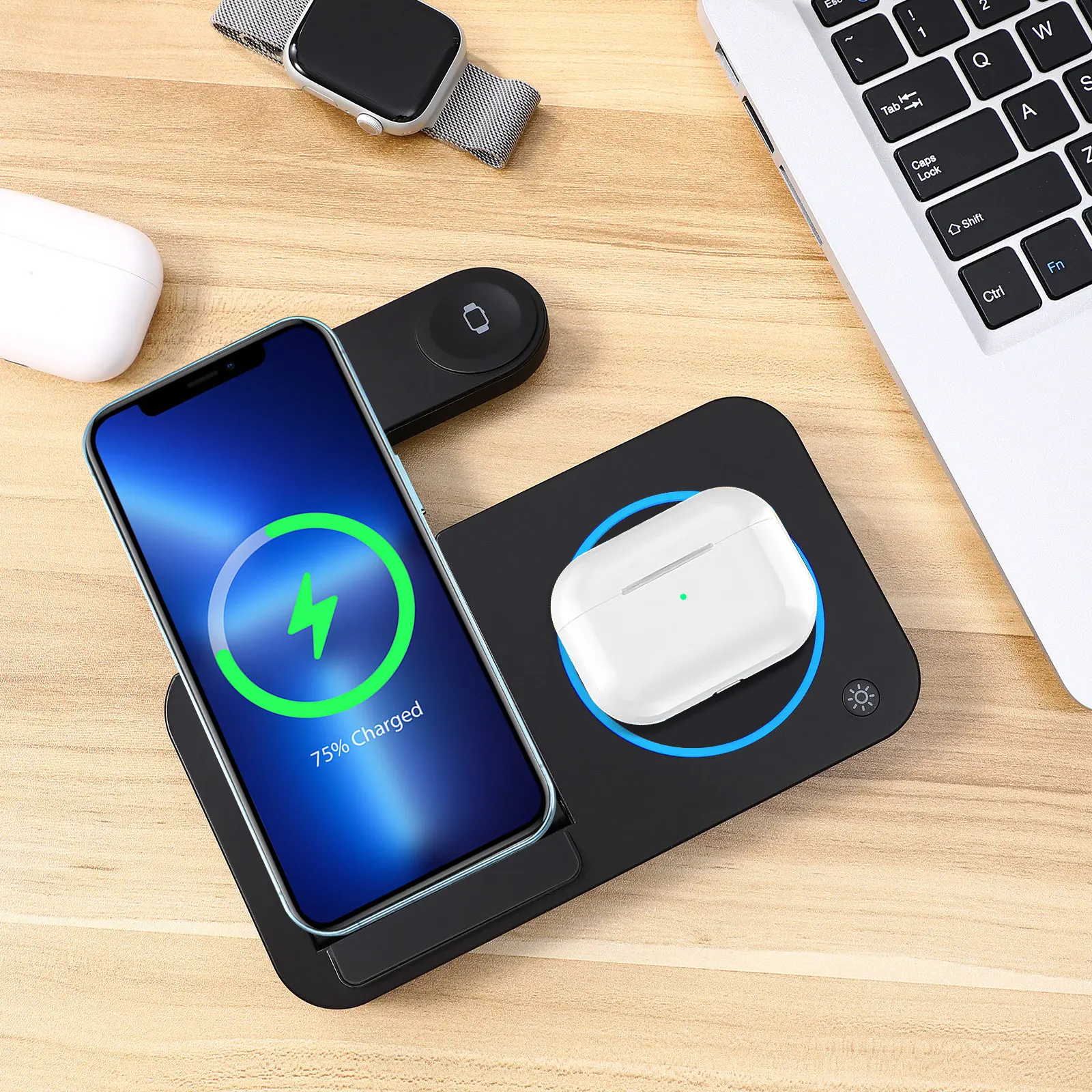 Беспроводная складная зарядная станция 3-в-1, совместимая с беспроводной зарядкой для телефона и наушников
Беспроводная складная зарядная станция 3-в-1, совместимая с беспроводной зарядкой для телефона и наушников