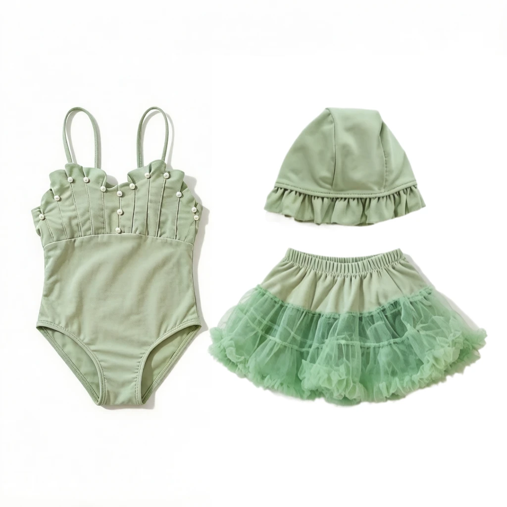 3Pcs Morandi Green Girls One-piece Swimsuit Set, fresh skirt swimwear with cap, lovely summer water play suit
3Pcs Morandi Green Girls One-piece Swimsuit Set, fresh skirt swimwear with cap, lovely summer water play suit