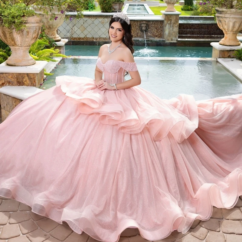 Customized Pink Shiny Quinceanera Dresses Ball Gown Off The Shoulde Beading Crystal Tull Party Birthday Sweet 16 Dress Vestidos
Customized Pink Shiny Quinceanera Dresses Ball Gown Off The Shoulde Beading Crystal Tull Party Birthday Sweet 16 Dress Vestidos