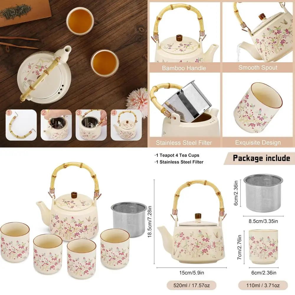 Japanese 17oz Bamboo-Handled Teapot Set with Stainless Steel Infuser and 4 Cups, Ideal for Herbal or Loose Leaf Tea Lovers
Japanese 17oz Bamboo-Handled Teapot Set with Stainless Steel Infuser and 4 Cups, Ideal for Herbal or Loose Leaf Tea Lovers