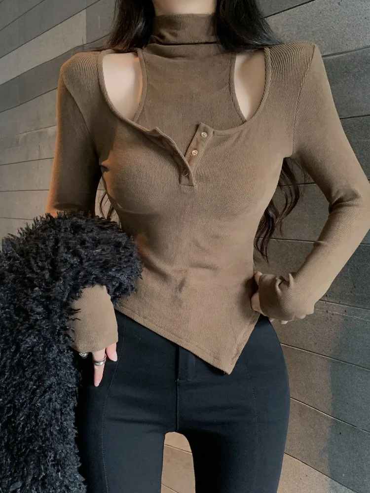 Faux Two-Piece High Collar Brushed Long Sleeve T-Shirt Women's Retro Brown Tight Irregular Base Hot Girl Show Clavicle Top
Faux Two-Piece High Collar Brushed Long Sleeve T-Shirt Women's Retro Brown Tight Irregular Base Hot Girl Show Clavicle Top