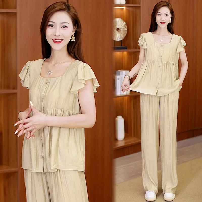 High-End Fashion Ice Silk Cool Feeling Suit Women's Summer New Slimming Drooping Wide-Leg Pants Flab Hiding Two-Piece Set
High-End Fashion Ice Silk Cool Feeling Suit Women's Summer New Slimming Drooping Wide-Leg Pants Flab Hiding Two-Piece Set