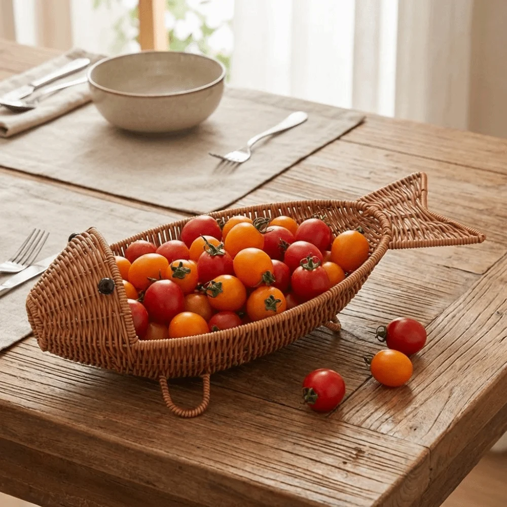 Fish Shape Hand Woven Fruit Basket Plastic Moisture-proof Snack Fruit Plate Wear-resistant Decorative Woven Storage Basket
Fish Shape Hand Woven Fruit Basket Plastic Moisture-proof Snack Fruit Plate Wear-resistant Decorative Woven Storage Basket