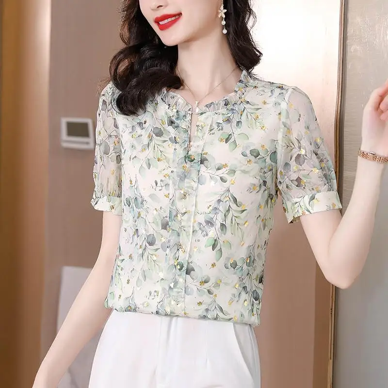 Винтажная шифоновая летняя рубашка с коротким рукавом и цветочным принтом, женская новинка 2024, темпераментные универсальные тонкие стильные удобные топы с короткими рукавами 
Винтажная шифоновая летняя рубашка с коротким рукавом и цветочным принтом, женская новинка 2024, темпераментные универсальные тонкие стильные удобные топы с короткими рукавами