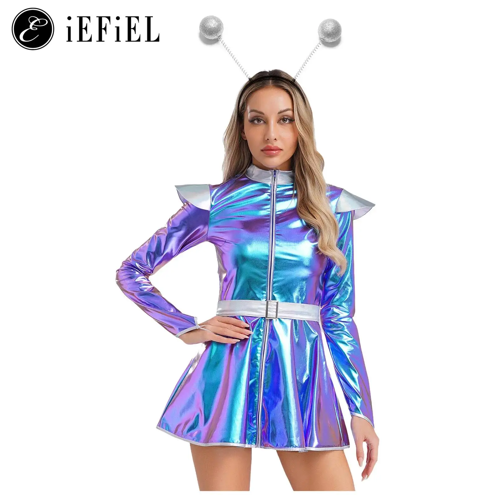 Womens Alien Astronaut Cosplay Costume Long Sleeve Zipper Metallic Shiny A-line Dress +Hair Hoop Halloween Outerspace Dress Up
Womens Alien Astronaut Cosplay Costume Long Sleeve Zipper Metallic Shiny A-line Dress +Hair Hoop Halloween Outerspace Dress Up