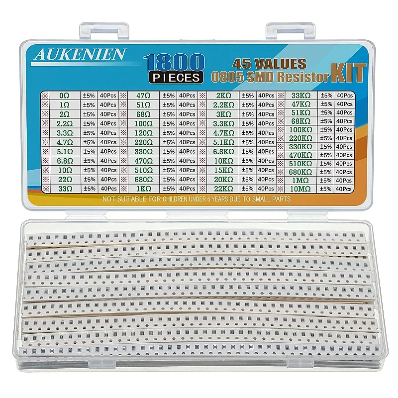 Резисторы SMD AUKENIEN 0805, 45 значений 1800 шт. Резисторы от 0 до 10 м Ом, комплект 1/8 Вт, различные резисторы SMT с допуском ± 5%
Резисторы SMD AUKENIEN 0805, 45 значений 1800 шт. Резисторы от 0 до 10 м Ом, комплект 1/8 Вт, различные резисторы SMT с допуском ± 5%