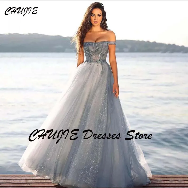 Off Shoulder Appliques Strapless A line Prom Dresses Glitter Mesh vestidos de noche Floor Length Formal Evening Dress Customized
Off Shoulder Appliques Strapless A line Prom Dresses Glitter Mesh vestidos de noche Floor Length Formal Evening Dress Customized