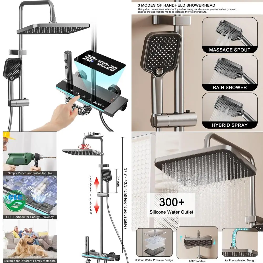 Gray Wall-Mounted Digital Thermostatic Shower System with 11.8 Rain & 4.5 Shower Heads and Handheld Combo
Gray Wall-Mounted Digital Thermostatic Shower System with 11.8 Rain & 4.5 Shower Heads and Handheld Combo