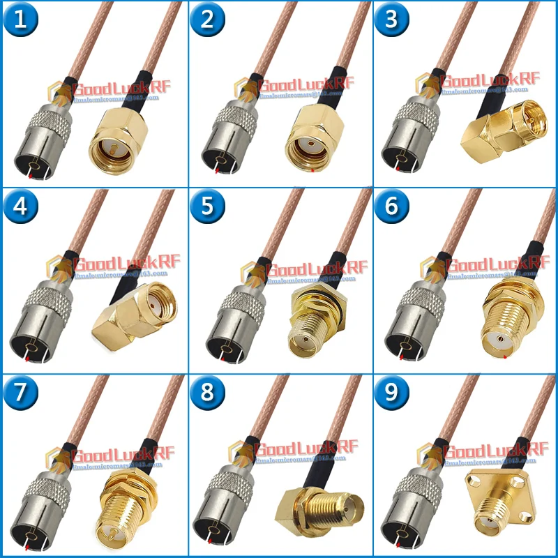 TV IEC Female to RPSMA RP-SMA RP SMA Male Female Washer Nut Right Angle 90 Degree Flange Pigtail Jumper RG316 Extend Cable
TV IEC Female to RPSMA RP-SMA RP SMA Male Female Washer Nut Right Angle 90 Degree Flange Pigtail Jumper RG316 Extend Cable