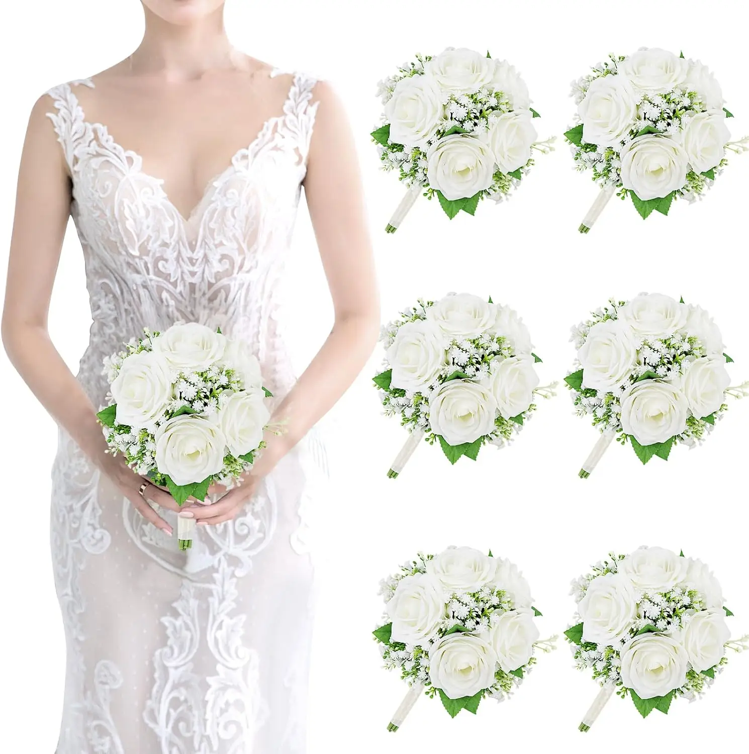 6-Pack Ivory White Rose Bridesmaid Bouquets with Baby's Breath, 7 Inch Silk Flower Arrangements for Wedding Centerpieces
6-Pack Ivory White Rose Bridesmaid Bouquets with Baby's Breath, 7 Inch Silk Flower Arrangements for Wedding Centerpieces
