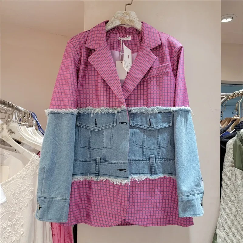 Pink Plaid & Denim Patchwork Blazer - Oversized Fit & Distressed Details, Y2K Streetwear for Bold Daily Casual Fashion
Pink Plaid & Denim Patchwork Blazer - Oversized Fit & Distressed Details, Y2K Streetwear for Bold Daily Casual Fashion