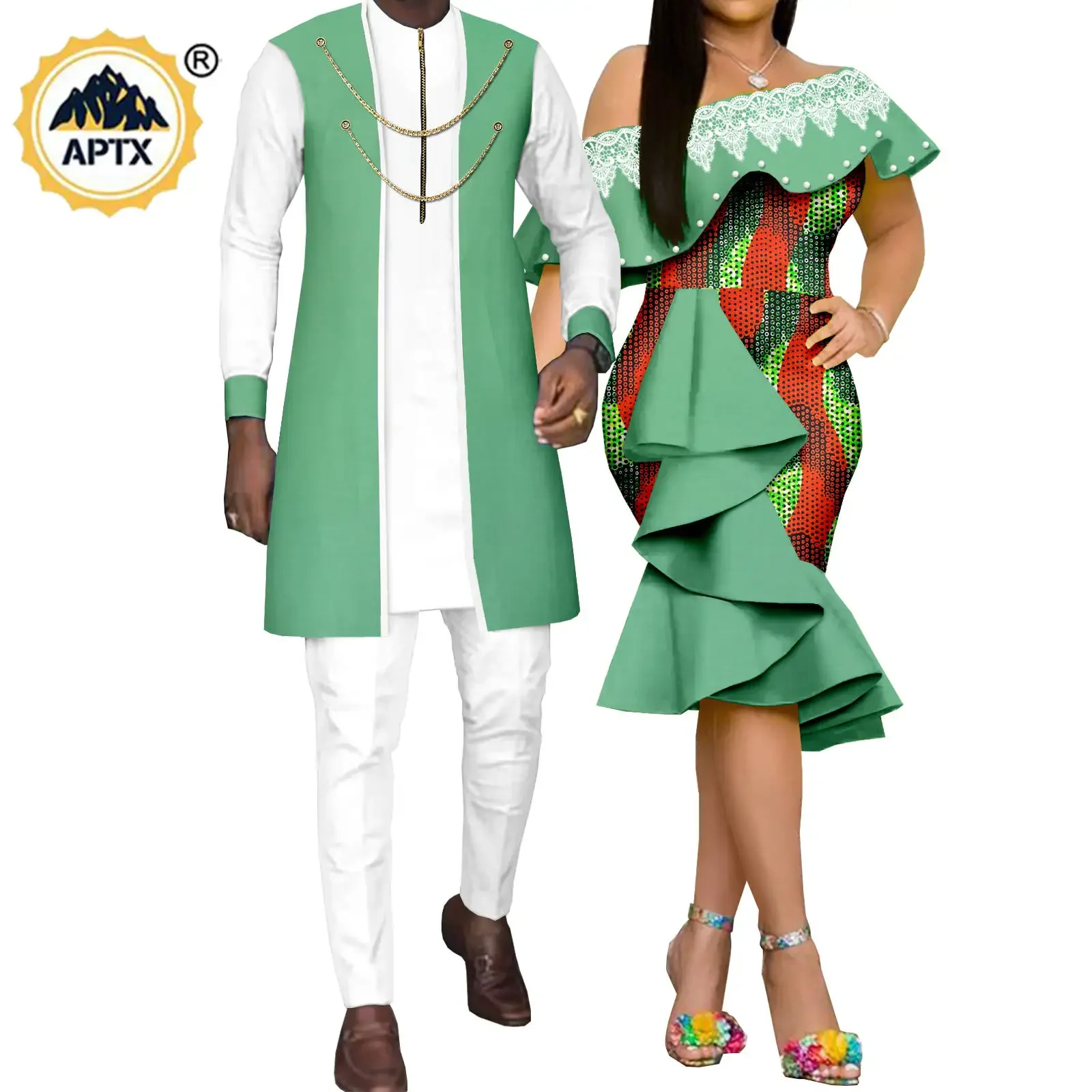 African Couples Clothes Women Print Wax Off Shoulder Dresses Matching Men Dashiki Chain Brooch Long Shirt and Pants Sets Y22C054
African Couples Clothes Women Print Wax Off Shoulder Dresses Matching Men Dashiki Chain Brooch Long Shirt and Pants Sets Y22C054