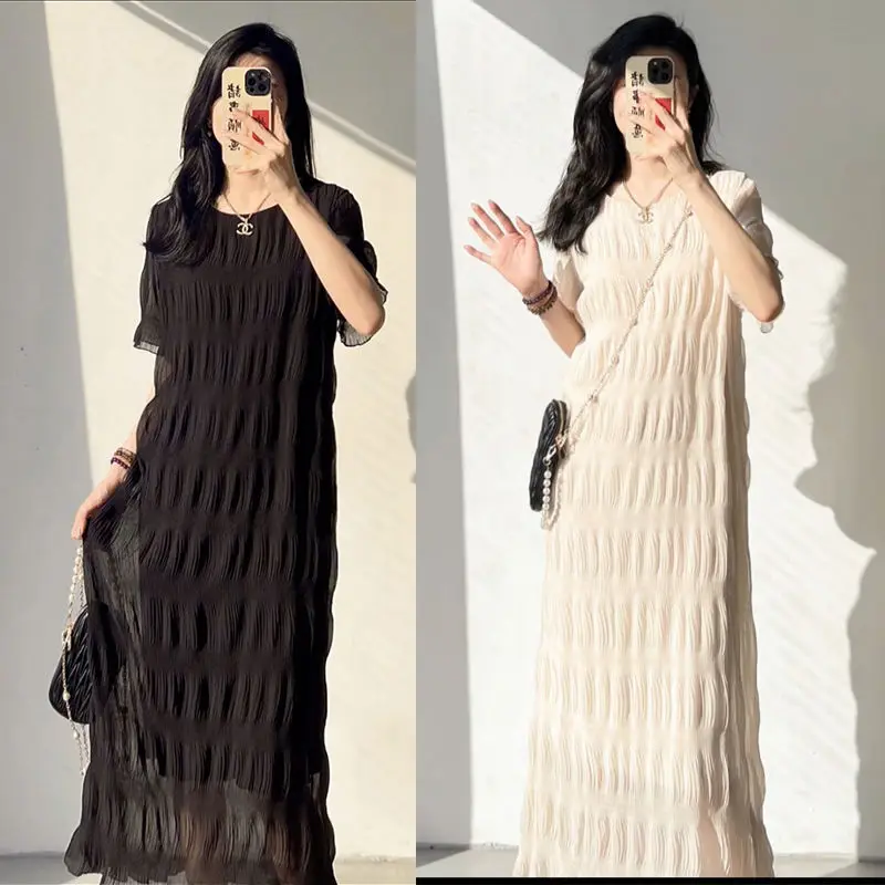 Summer Female Pleated Casual Dresses Solid Color Loose Pregnant Dresses Woman Long Party Short Sleeve Temperament Dress Q273
Summer Female Pleated Casual Dresses Solid Color Loose Pregnant Dresses Woman Long Party Short Sleeve Temperament Dress Q273