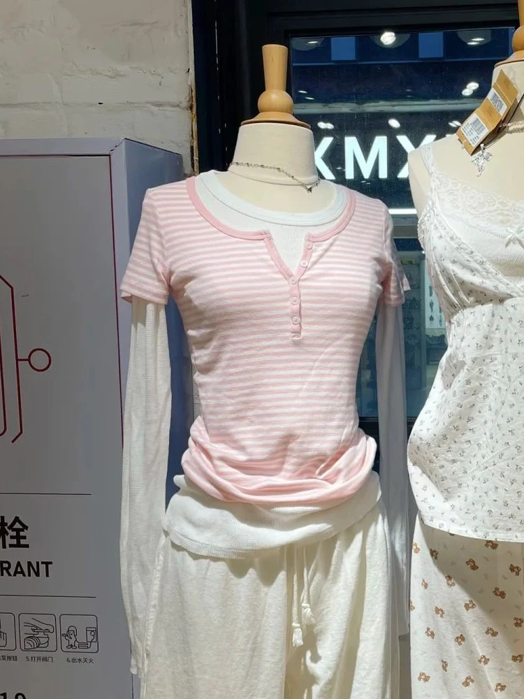 Buttons Pink Striped T-shirt Women Contrast O-neck Cotton Slim Short Sleeve Tops T-shirts Summer Sweet Casual Simple Tee Shirt
Buttons Pink Striped T-shirt Women Contrast O-neck Cotton Slim Short Sleeve Tops T-shirts Summer Sweet Casual Simple Tee Shirt