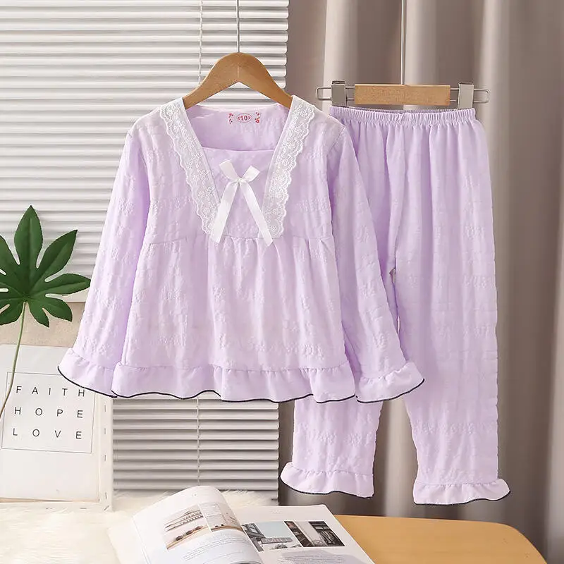 Children's Lace Long-Sleeved Trousers Pajamas Set Girls Princess Style Bow Home Clothes Girls Fashion Soft Sweet Two-Piece Set
Children's Lace Long-Sleeved Trousers Pajamas Set Girls Princess Style Bow Home Clothes Girls Fashion Soft Sweet Two-Piece Set